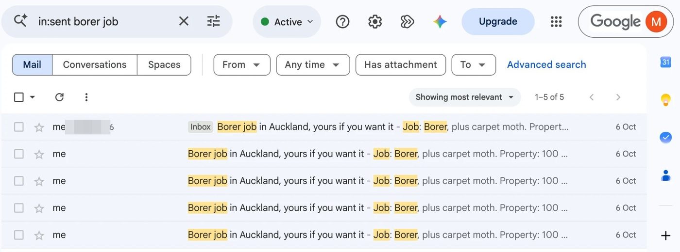 Five sent emails offering a borer job in Auckland, names blurred
