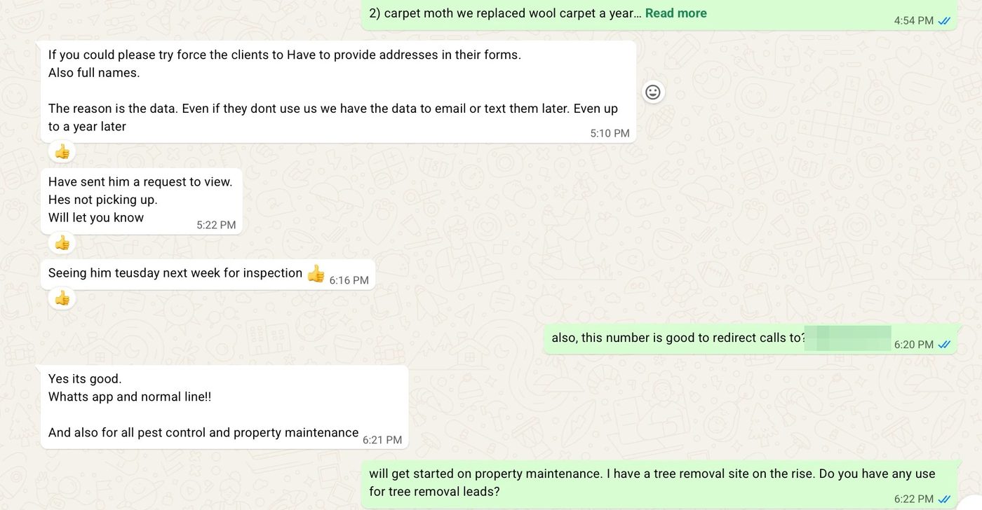 WhatsApp chat with the partner working the lead, details blurred