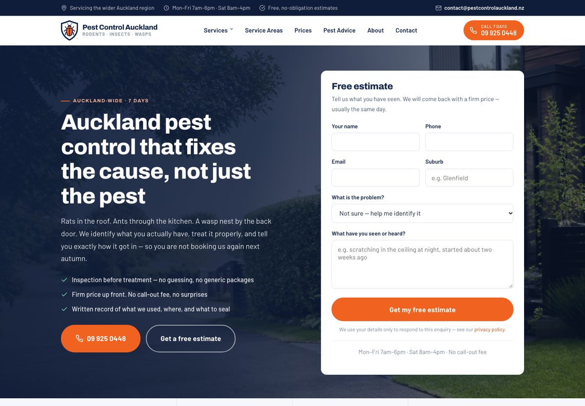 A pest control site built with the agent