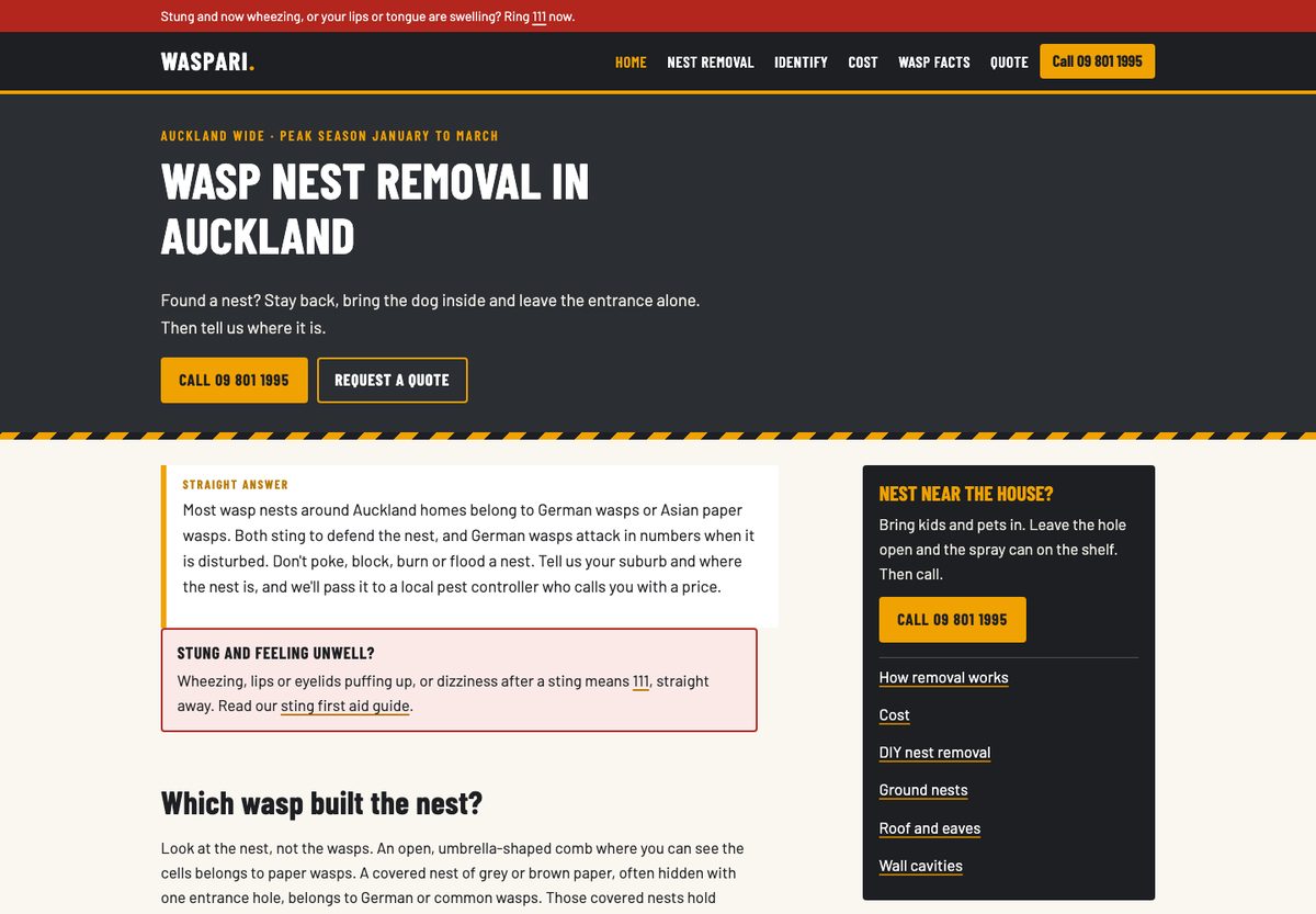 A wasp nest removal site built with the agent